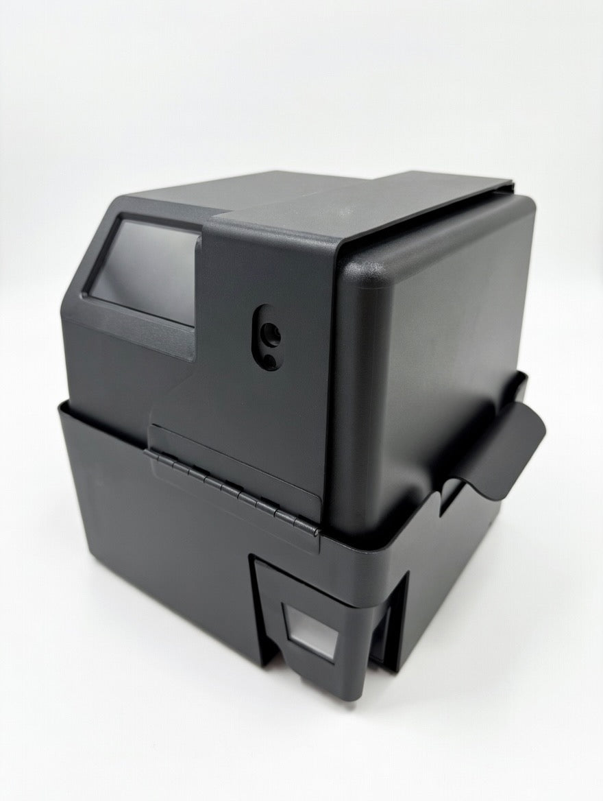 MedaCube device sits in black MedaCube metal security case viewed from the right.