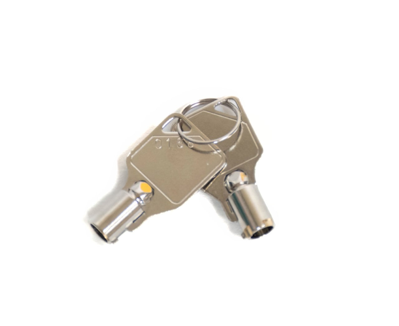 A set of two silver keys with a keyring